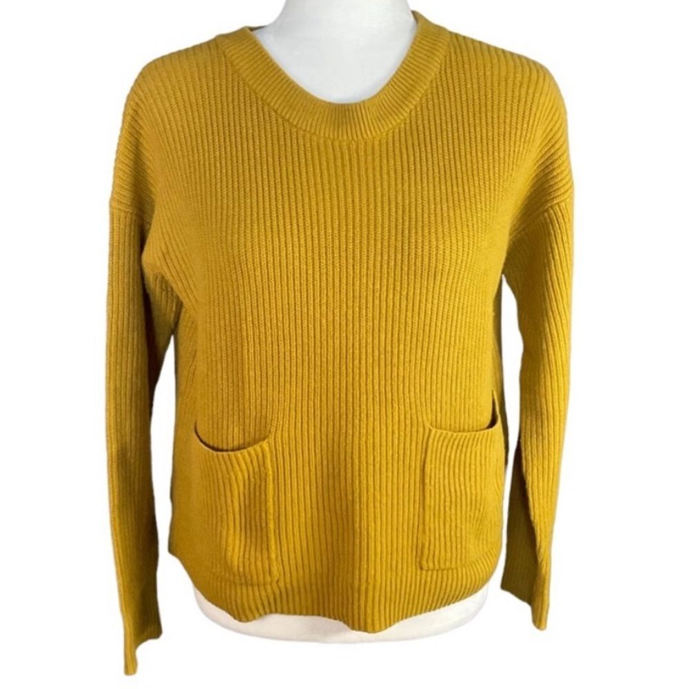 Madewell Mustard Yellow Patch Pocket Crew Neck Ribbed Pullover Sweater Size S
